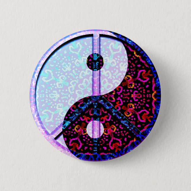 Yin Yang Mandala lila mit Friedenssymbol Button (Vorderseite)