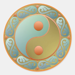 Yin Yang Medaillon Gold Türkis Runder Aufkleber