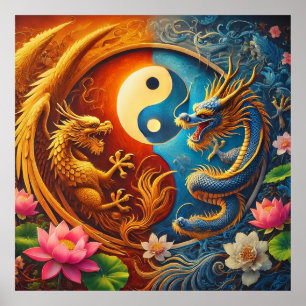 Yin Yang mit Dragon und Phoenix Amid Lush Floral Poster