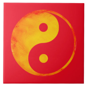 Yin Yang Orange und Yellow Watercolor in Red Fliese