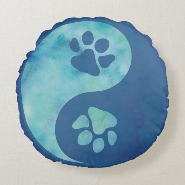 Yin Yang Paw Blue Rundes Kissen (Vorderseite)