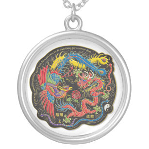 Yin Yang Phoenix und Drache-Halskette Versilberte Kette