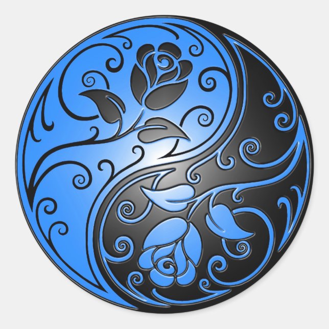 Yin Yang Rose, blau und schwarz Runder Aufkleber (Vorderseite)