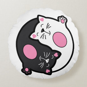 Yin Yang Schlafende Katzen in Schwarz und Weiß Rundes Kissen