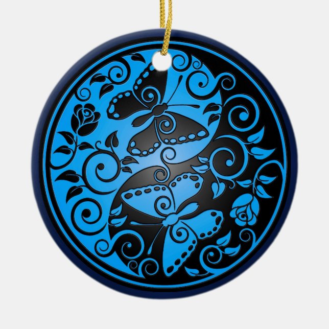 Yin Yang Schmetterlinge, Blau u. Schwarzes Keramik Ornament (Vorne)