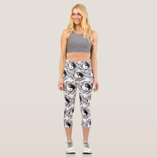 Yin & Yang Symbol Black and White Tattoo Style Capri Leggings