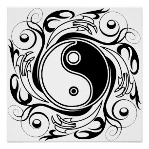 Yin & Yang Symbol Black and White Tattoo Style Poster