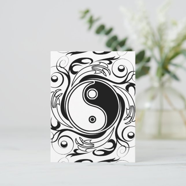 Yin & Yang Symbol Black and White Tattoo Style Postkarte (Stehend Vorderseite)