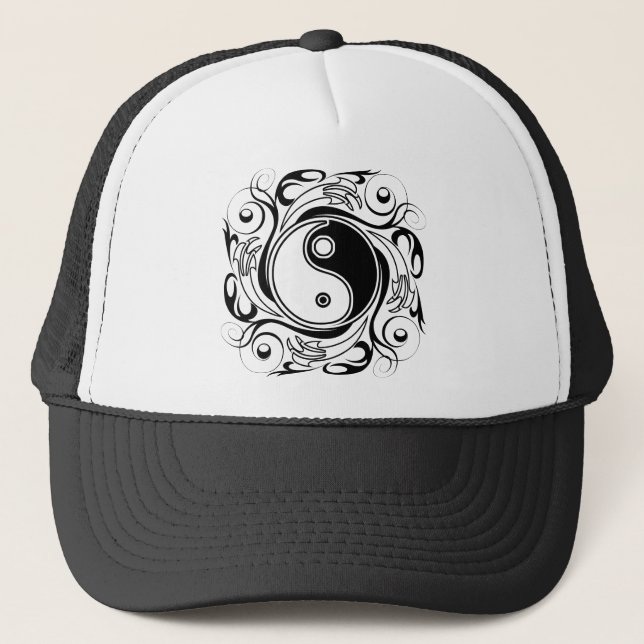 Yin & Yang Symbol Black and White Tattoo Style Truckerkappe (Vorderseite)