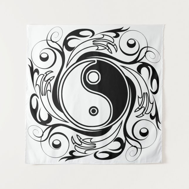 Yin & Yang Symbol Black and White Tattoo Style Wandteppich (Vorderseite)