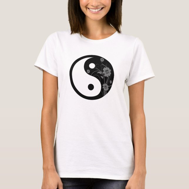 Yin Yang Symbol Black Floral T-Shirt (Vorderseite)