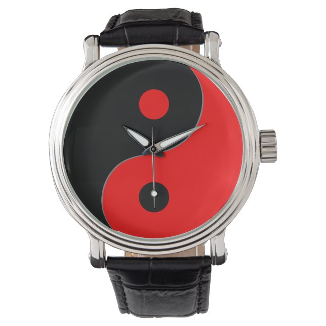 Yin Yang Symbol in Rot & Schwarz Armbanduhr (Vorderseite)