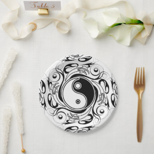 Yin & Yang-Symbol Schwarz-Weiß-Tätowierstil Pappteller