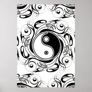 Yin & Yang Symbol Schwarz-Weiß-Tätowierstil Poster