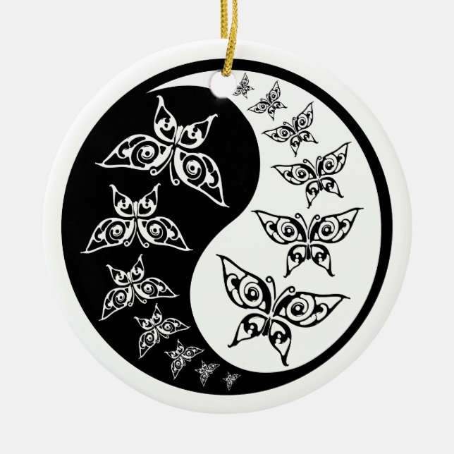 Yin Yang Tao Butterfliegen Keramik Ornament (Vorne)