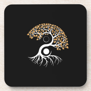 Yin Yang Tree - Goldene Blätter Getränkeuntersetzer