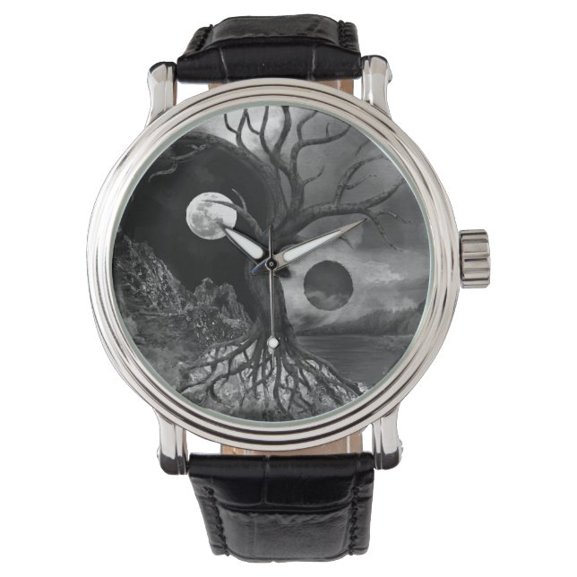 Yin Yang Tree Landscape Black and White Armbanduhr (Vorderseite)