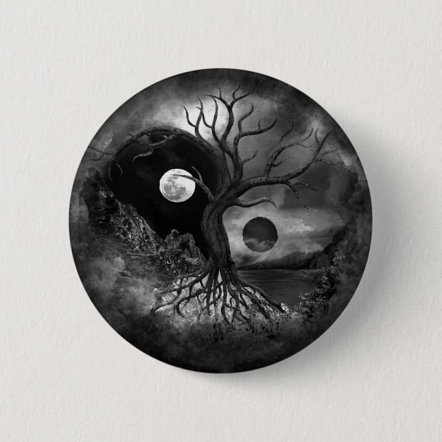 Yin Yang Tree Landscape Black and White Button (Vorderseite)