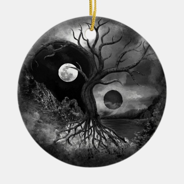Yin Yang Tree Landscape Black and White Keramik Ornament (Vorne)