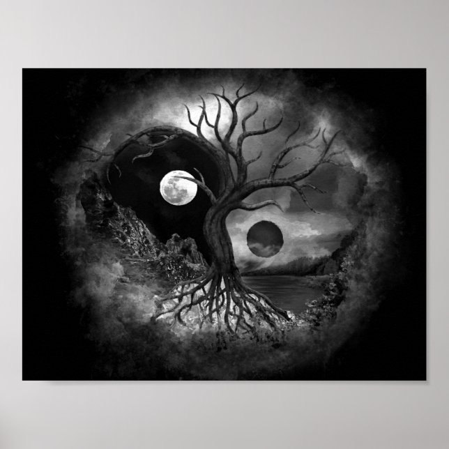 Yin Yang Tree Landscape Black and White Poster (Vorne)