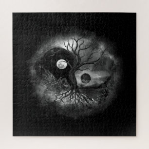 Yin Yang Tree Landscape Black and White Puzzle