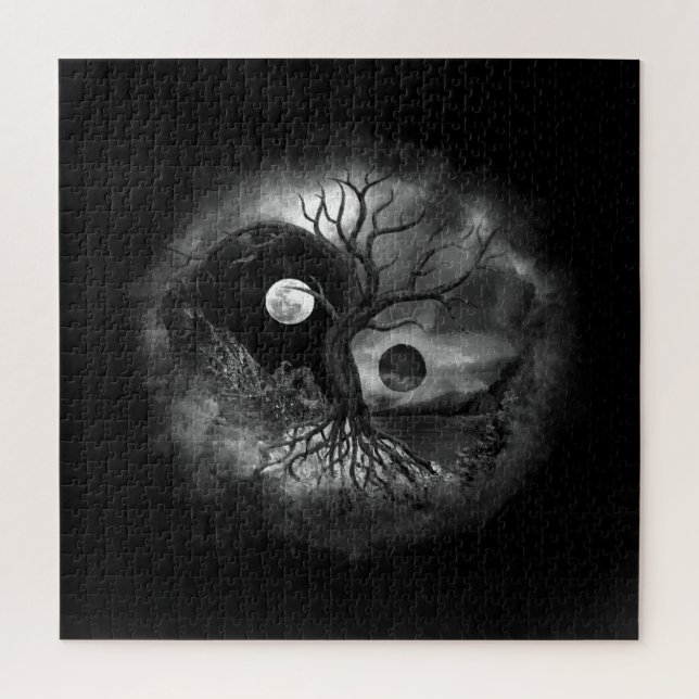 Yin Yang Tree Landscape Black and White Puzzle (Vertikal)