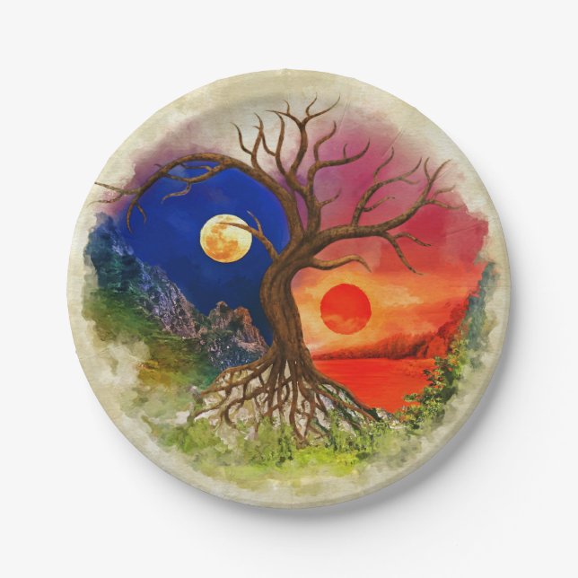Yin Yang Tree Landschaft Pappteller (Vorderseite)