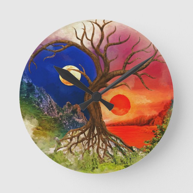 Yin Yang Tree Landschaft Runde Wanduhr (Vorderseite)