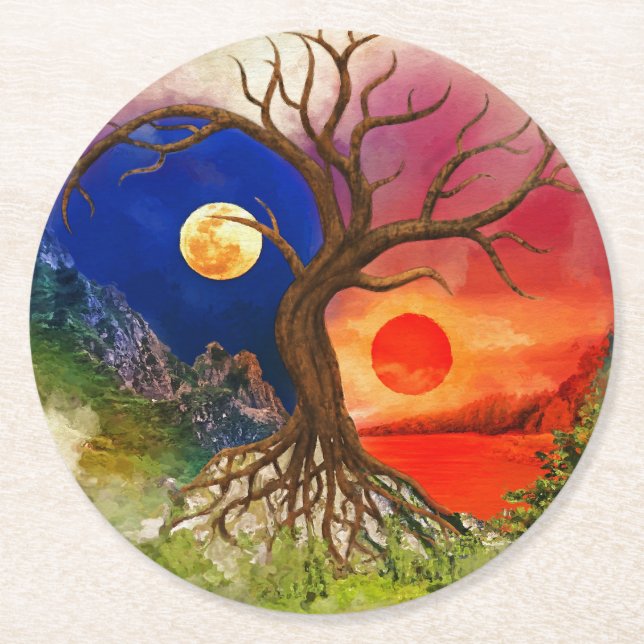 Yin Yang Tree Landschaft Runder Pappuntersetzer (Vorderseite)