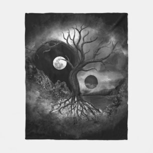 Yin Yang Tree Landschaft Schwarz-Weiß Fleecedecke