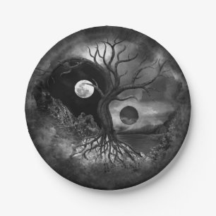 Yin Yang Tree Landschaft Schwarz-Weiß Pappteller