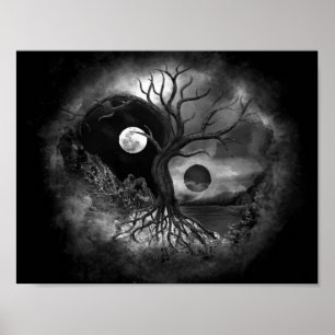 Yin Yang Tree Landschaft Schwarz-Weiß Poster