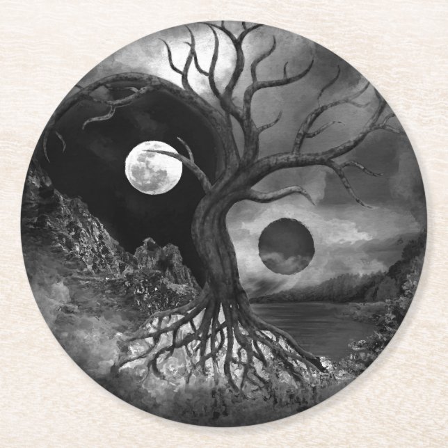 Yin Yang Tree Landschaft Schwarz-Weiß Runder Pappuntersetzer (Vorderseite)