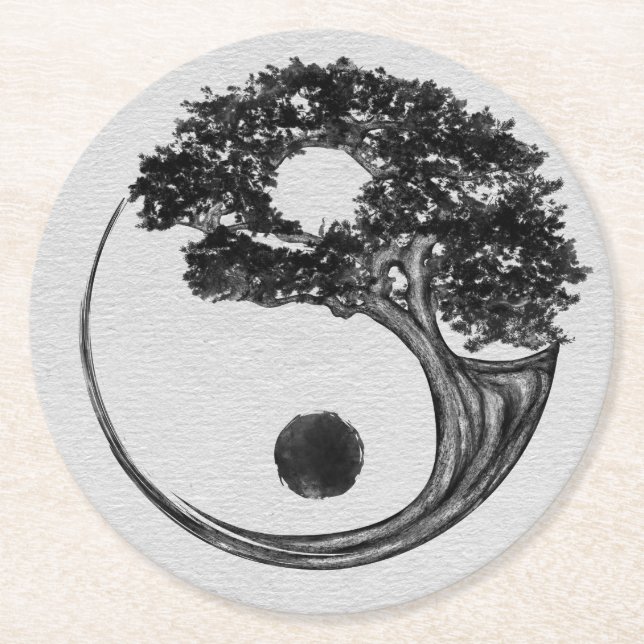 Yin Yang Tree Leinwand Runder Pappuntersetzer (Vorderseite)
