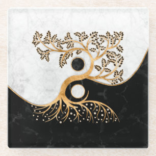 Yin Yang Tree - Marmor und Gold Glasuntersetzer