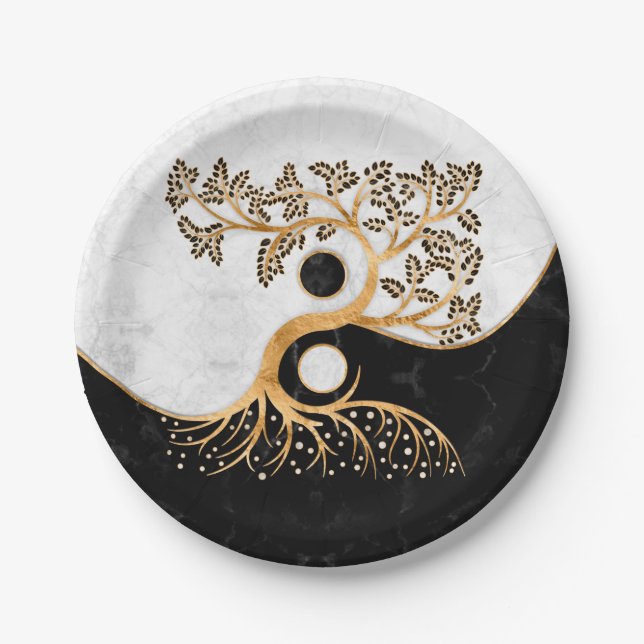 Yin Yang Tree - Marmor und Gold Pappteller (Vorderseite)