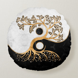 Yin Yang Tree - Marmor und Gold Rundes Kissen