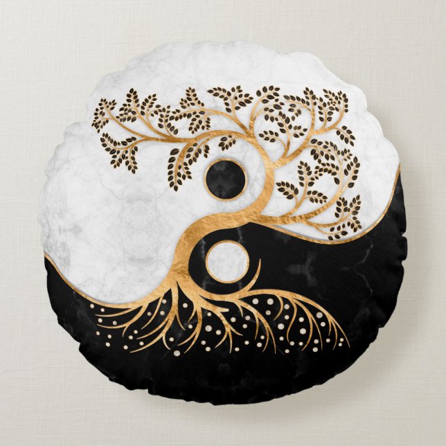 Yin Yang Tree - Marmor und Gold Rundes Kissen (Vorderseite)