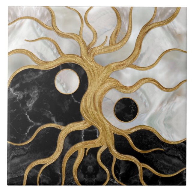 Yin Yang Tree of life - Marmor und Gold Fliese (Vorderseite)