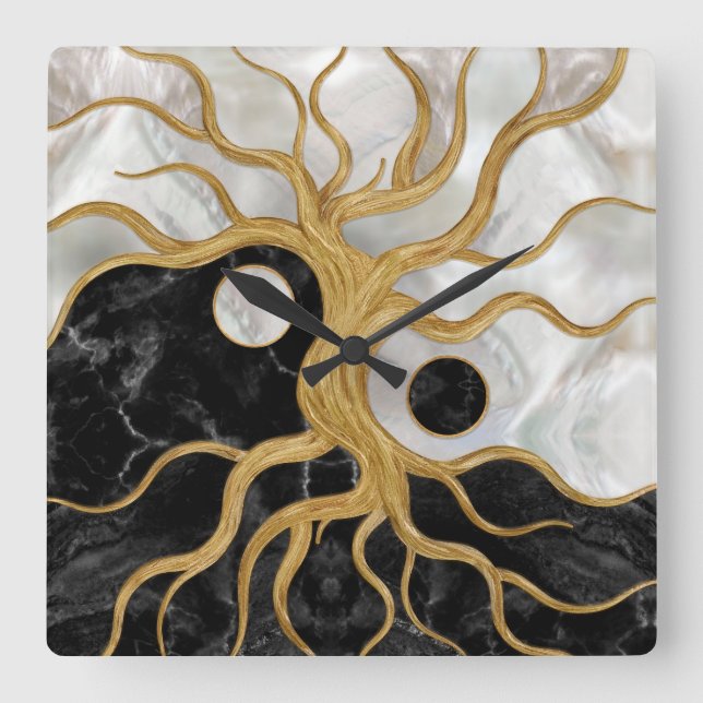 Yin Yang Tree of life - Marmor und Gold Quadratische Wanduhr (Vorderseite)