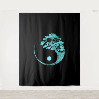Yin Yang Turquoise Blue Bonsai Tree Japanisch Wandteppich