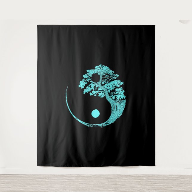 Yin Yang Turquoise Blue Bonsai Tree Japanisch Wandteppich (Vorderseite)