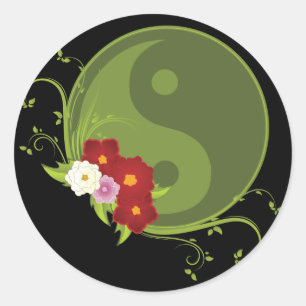 Yin Yang und Blume Runder Aufkleber