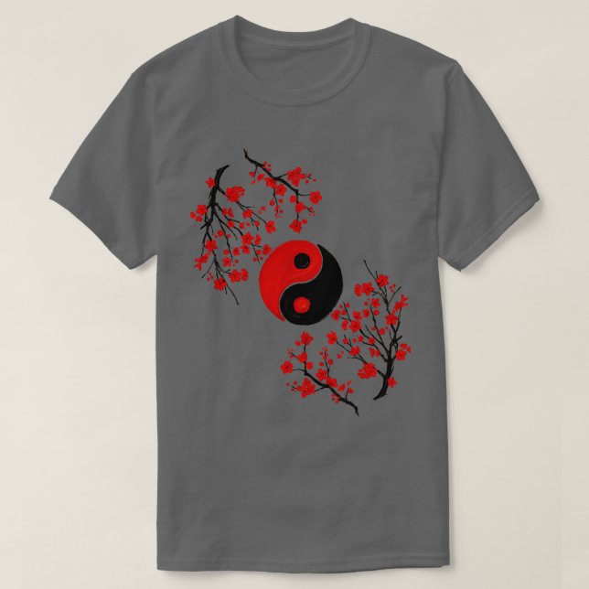 Yin Yang und Sakura Red Blossom T-Shirt (Design vorne)