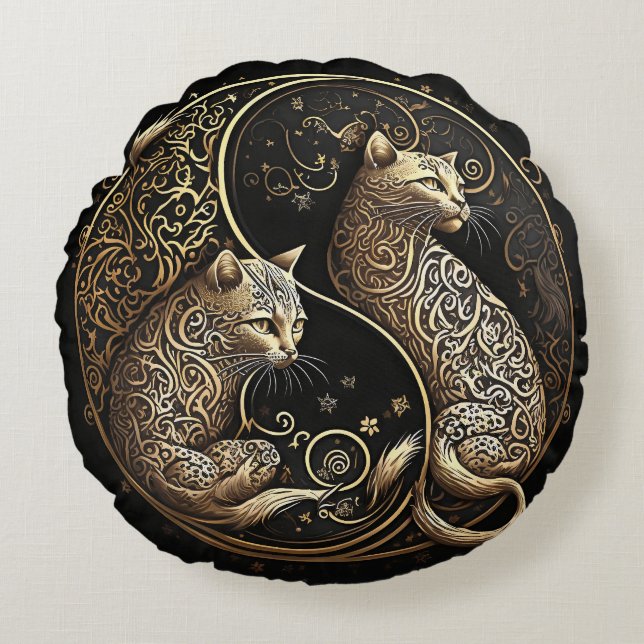 Ying und Yang Cats Gold Rundes Kissen (Vorderseite)