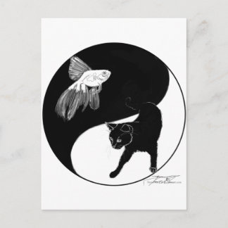 YinYang Fisch und Katze - Schwarze und weiße Postk Postkarte