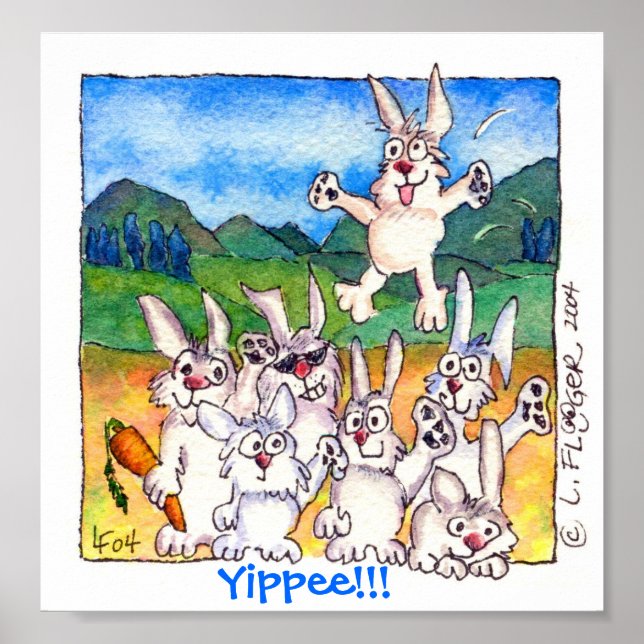 Yippee! - Niedlicher Cartoon Bunnies Poster Print (Vorne)