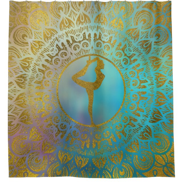 Yoga Asana Symbol in der GoldMandala Duschvorhang (Vorderseite)