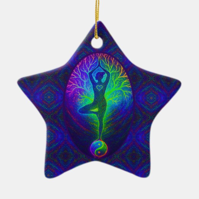 Yoga-Baum Friedensregenbogen Keramik Ornament (Vorne)