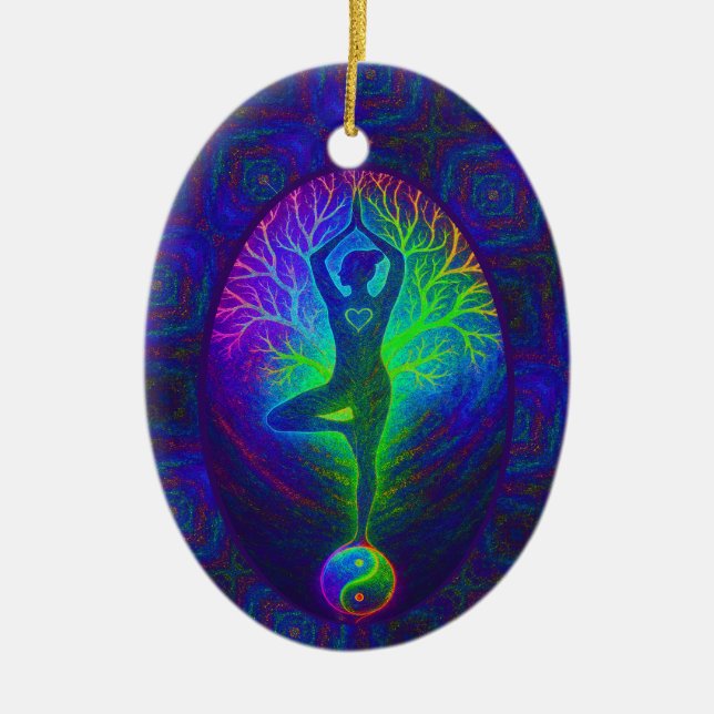 Yoga-Baum Friedensregenbogen Keramik Ornament (Vorne)